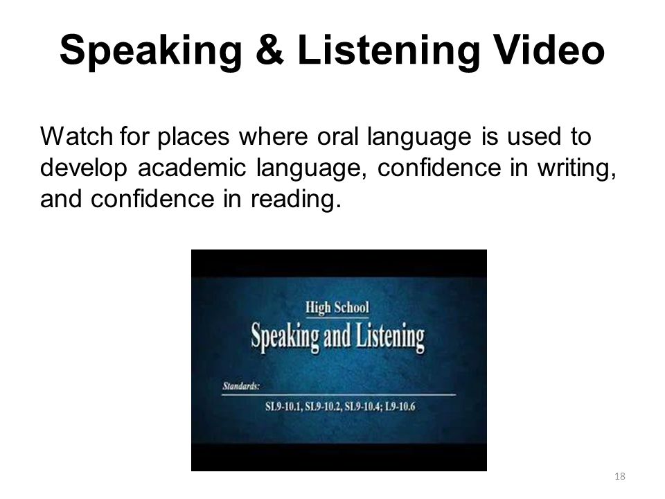 Speaking & Listening Video Watch for places where oral language is used to develop academic language, confidence in writing, and confidence in reading.