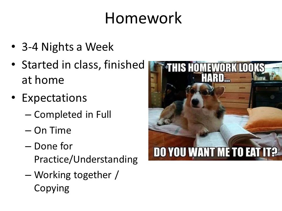 Homework 3-4 Nights a Week Started in class, finished at home Expectations – Completed in Full – On Time – Done for Practice/Understanding – Working together / Copying