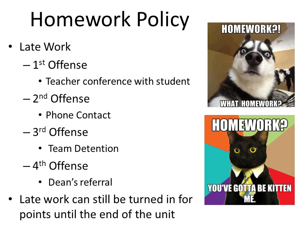 Homework Policy Late Work – 1 st Offense Teacher conference with student – 2 nd Offense Phone Contact – 3 rd Offense Team Detention – 4 th Offense Dean’s referral Late work can still be turned in for points until the end of the unit