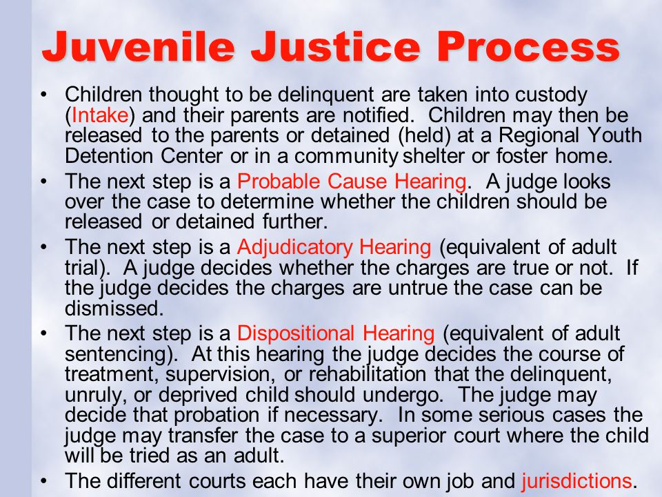 Juvenile Justice Process Children thought to be delinquent are taken into custody (Intake) and their parents are notified.