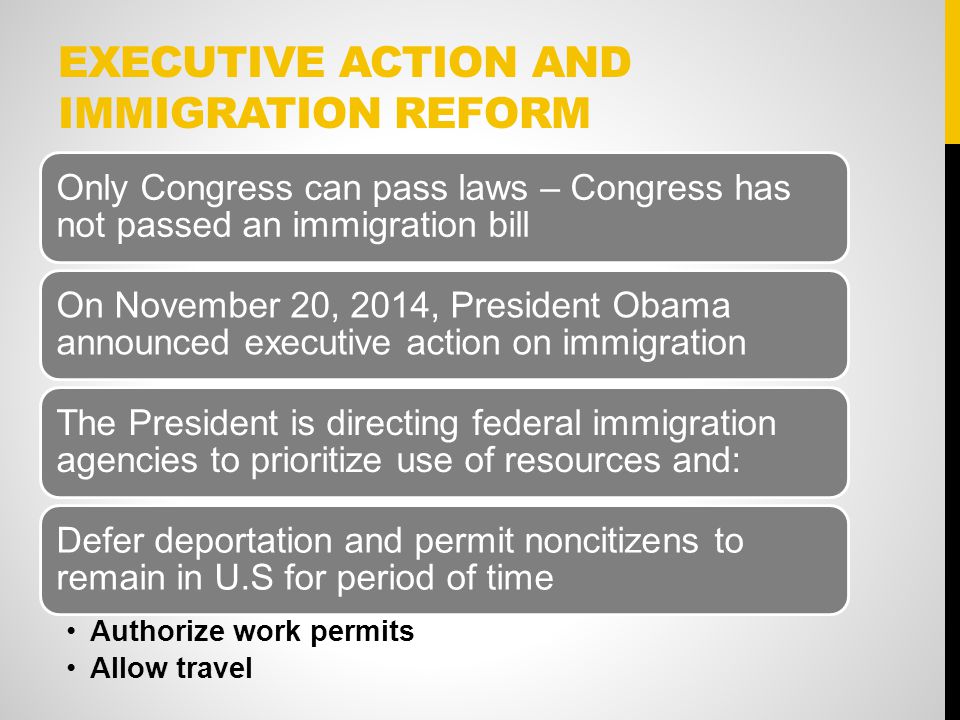 EXECUTIVE ACTION AND IMMIGRATION REFORM Only Congress can pass laws – Congress has not passed an immigration bill On November 20, 2014, President Obama announced executive action on immigration The President is directing federal immigration agencies to prioritize use of resources and: Defer deportation and permit noncitizens to remain in U.S for period of time Authorize work permits Allow travel