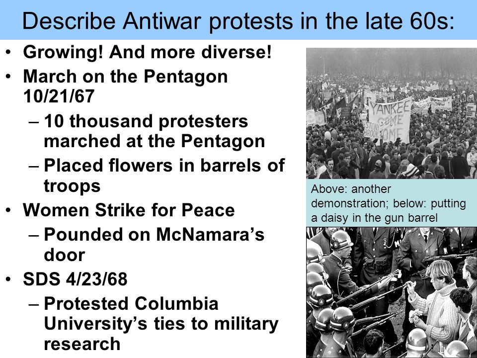 Describe Antiwar protests in the late 60s: Growing.