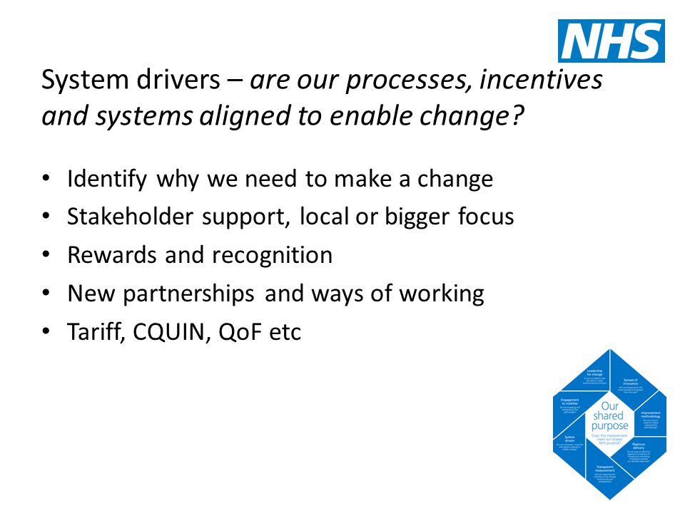System drivers – are our processes, incentives and systems aligned to enable change.