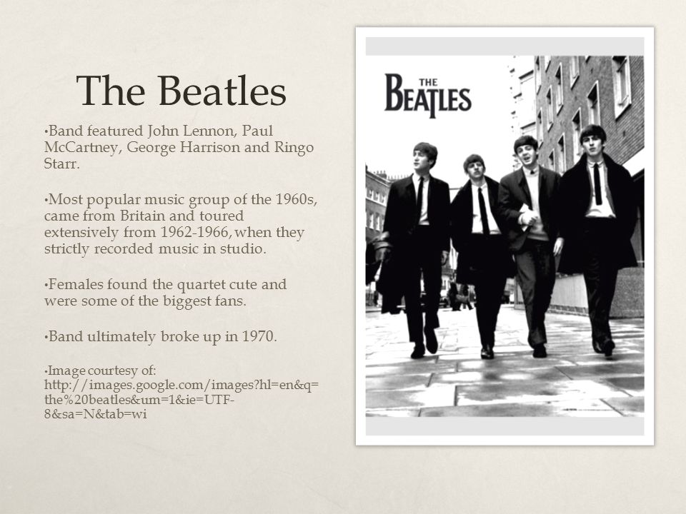 The Beatles Band featured John Lennon, Paul McCartney, George Harrison and Ringo Starr.