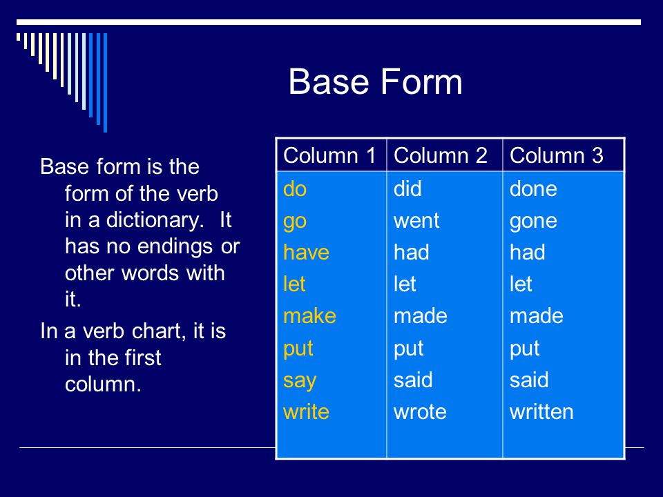 Base Form Base form is the form of the verb in a dictionary.