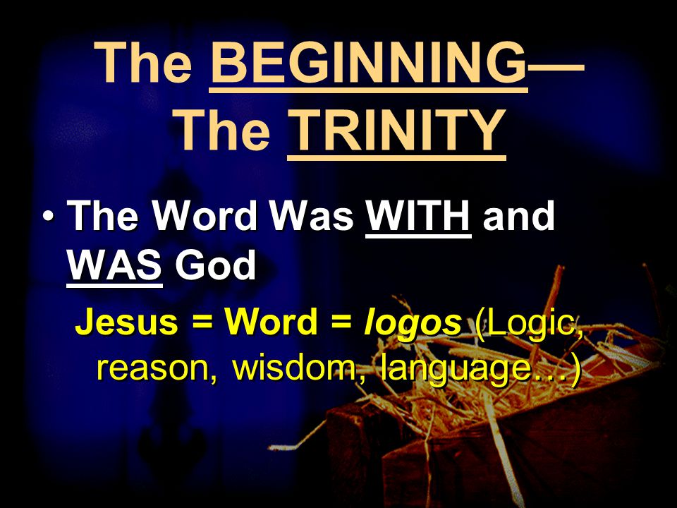 The BEGINNING— The TRINITY The Word Was WITH and WAS God Jesus = Word = logos (Logic, reason, wisdom, language…) The Word Was WITH and WAS God Jesus = Word = logos (Logic, reason, wisdom, language…)
