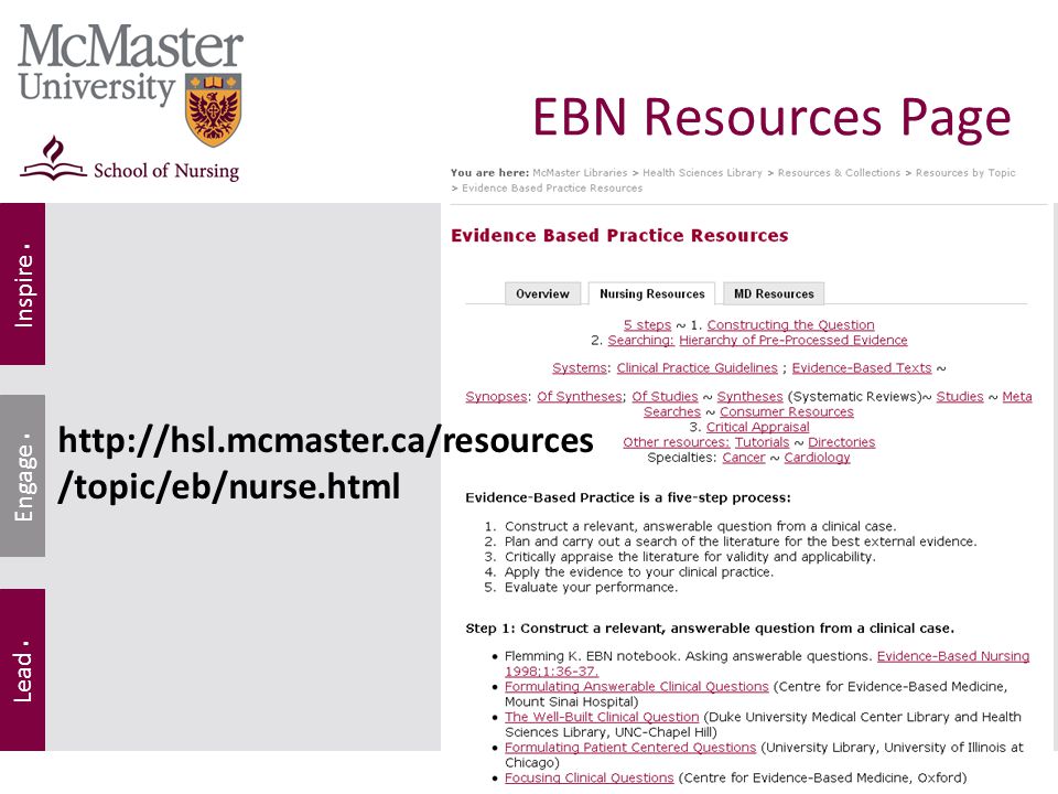 Inspire. Lead. Engage. EBN Resources Page   /topic/eb/nurse.html