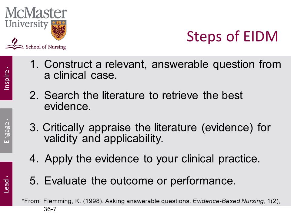 Inspire. Lead. Engage. 1.Construct a relevant, answerable question from a clinical case.