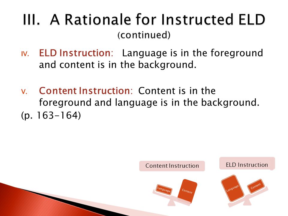 IV. ELD Instruction: Language is in the foreground and content is in the background.
