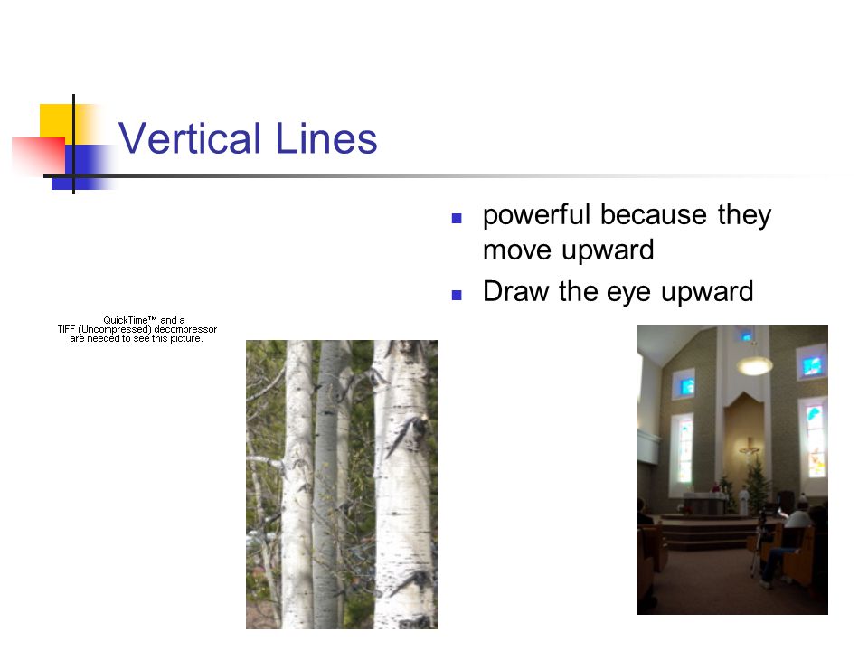 Vertical Lines powerful because they move upward Draw the eye upward