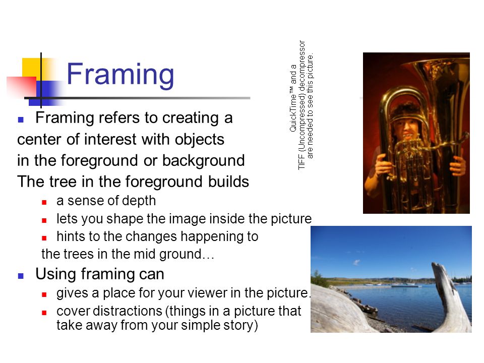 Framing Framing refers to creating a center of interest with objects in the foreground or background The tree in the foreground builds a sense of depth lets you shape the image inside the picture hints to the changes happening to the trees in the mid ground… Using framing can gives a place for your viewer in the picture… cover distractions (things in a picture that take away from your simple story)