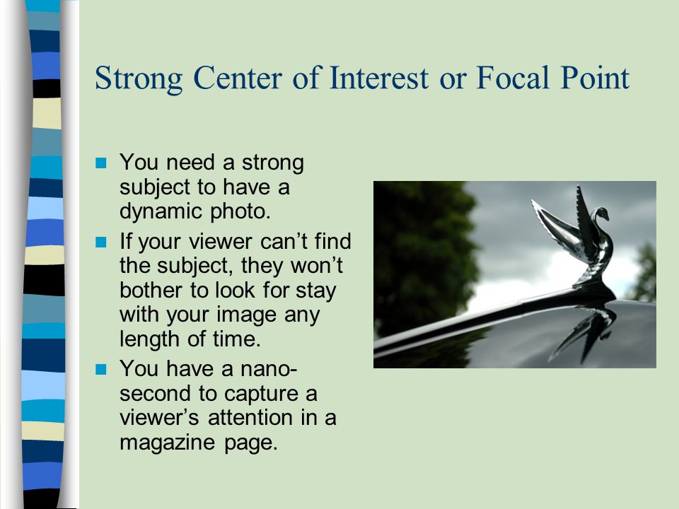 Strong Center of Interest or Focal Point You need a strong subject to have a dynamic photo.