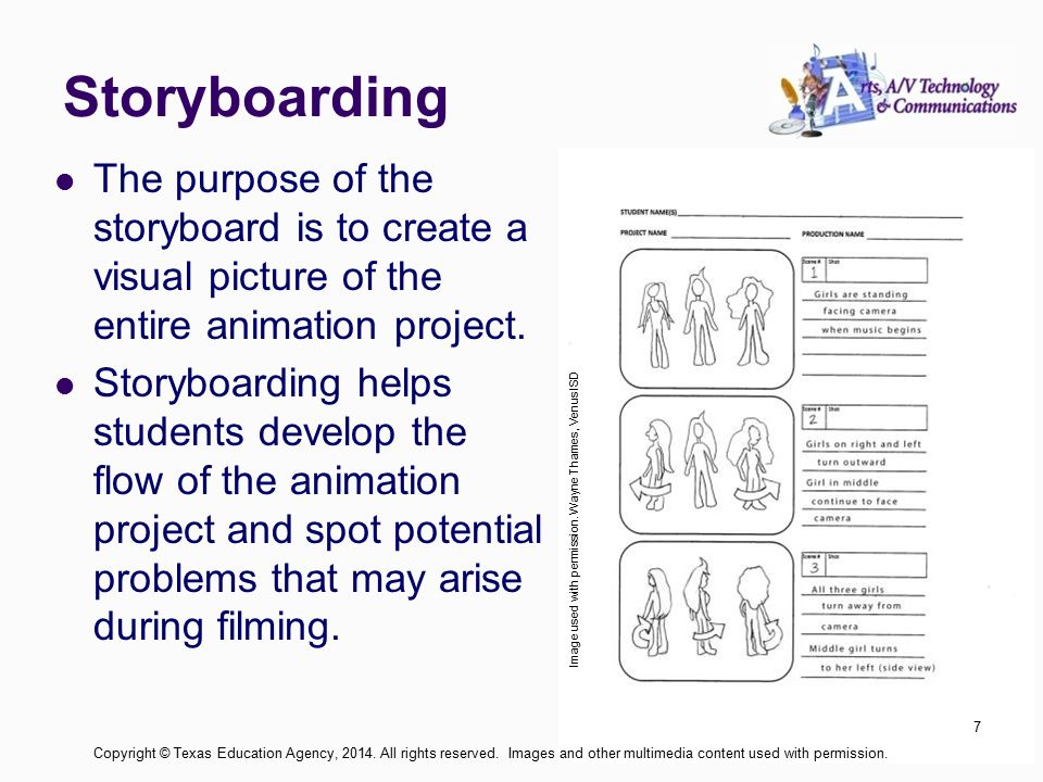 Storyboarding The purpose of the storyboard is to create a visual picture of the entire animation project.