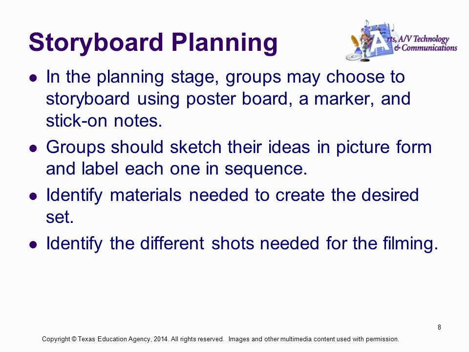 Storyboard Planning In the planning stage, groups may choose to storyboard using poster board, a marker, and stick-on notes.