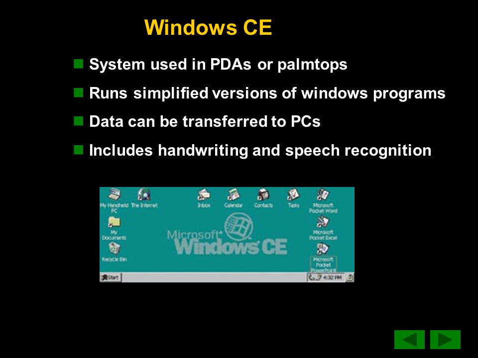 Windows CE System used in PDAs or palmtops Runs simplified versions of windows programs Data can be transferred to PCs Includes handwriting and speech recognition