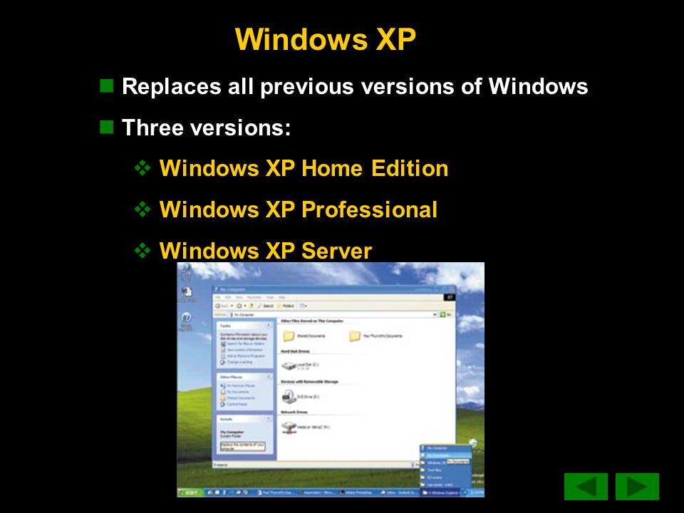 Windows XP Replaces all previous versions of Windows Three versions:  Windows XP Home Edition  Windows XP Professional  Windows XP Server