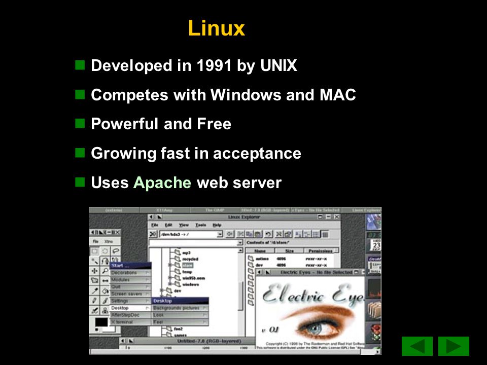 Linux Developed in 1991 by UNIX Competes with Windows and MAC Powerful and Free Growing fast in acceptance Uses Apache web server