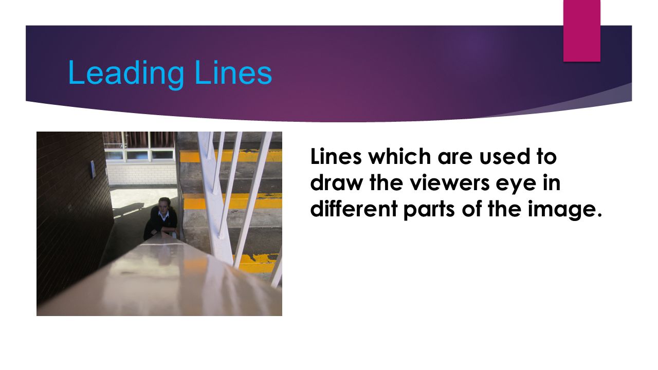 Leading Lines Lines which are used to draw the viewers eye in different parts of the image.