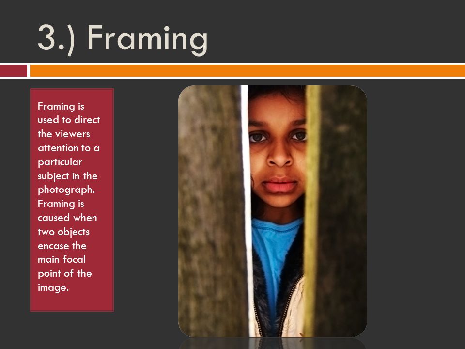 3.) Framing Framing is used to direct the viewers attention to a particular subject in the photograph.