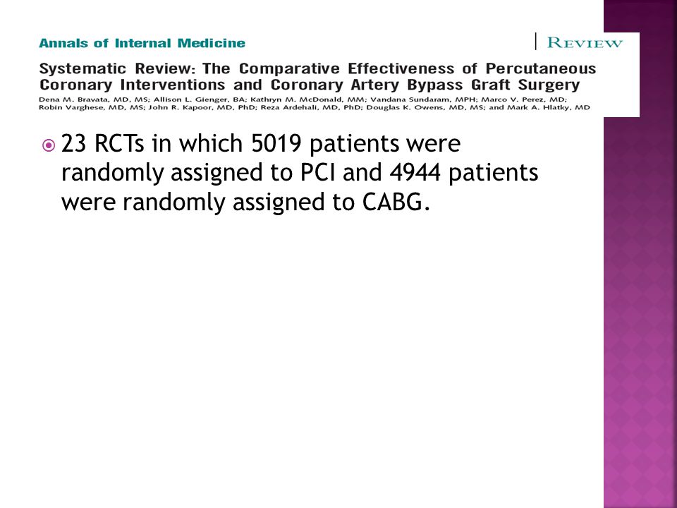  23 RCTs in which 5019 patients were randomly assigned to PCI and 4944 patients were randomly assigned to CABG.