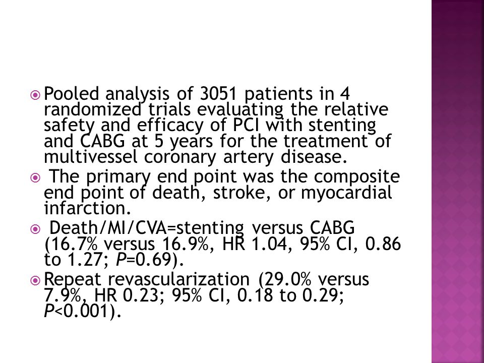  Pooled analysis of 3051 patients in 4 randomized trials evaluating the relative safety and efficacy of PCI with stenting and CABG at 5 years for the treatment of multivessel coronary artery disease.