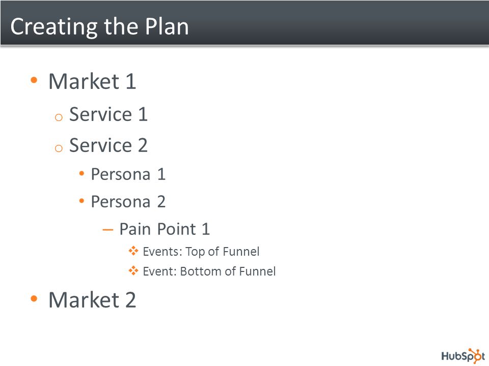 Creating the Plan Market 1 o Service 1 o Service 2 Persona 1 Persona 2 – Pain Point 1  Events: Top of Funnel  Event: Bottom of Funnel Market 2