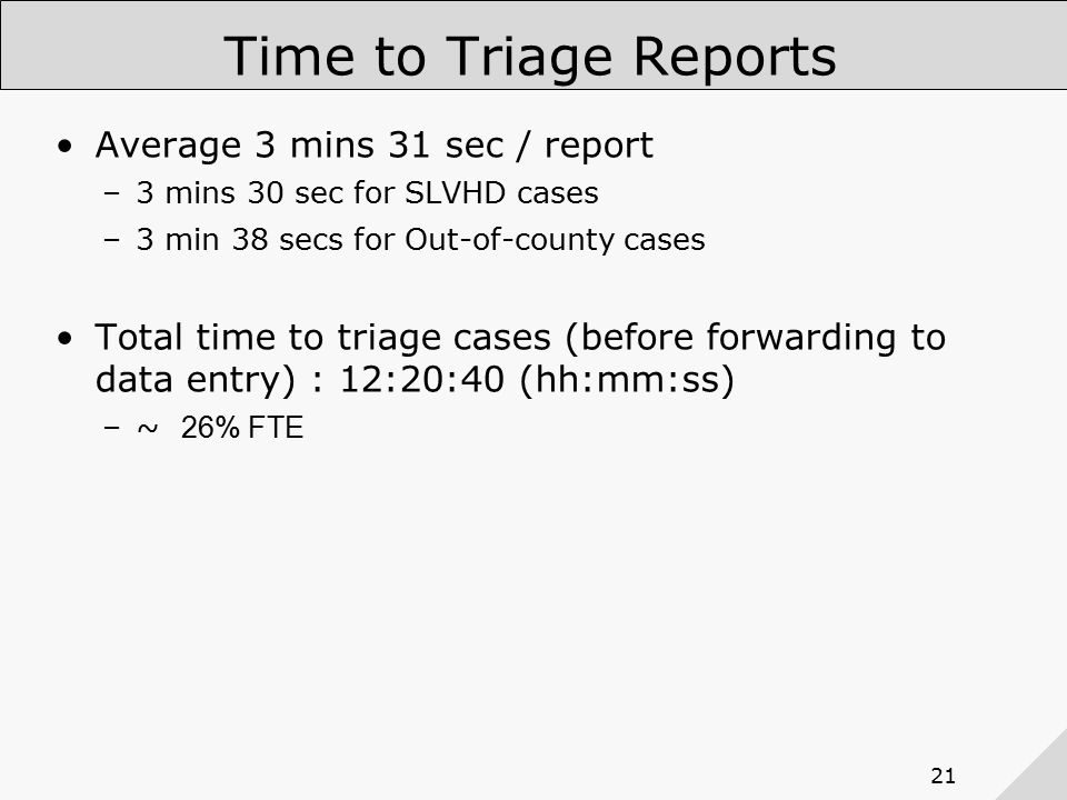 21 Time to Triage Reports Average 3 mins 31 sec / report –3 mins 30 sec for SLVHD cases –3 min 38 secs for Out-of-county cases Total time to triage cases (before forwarding to data entry) : 12:20:40 (hh:mm:ss) –~ 26% FTE