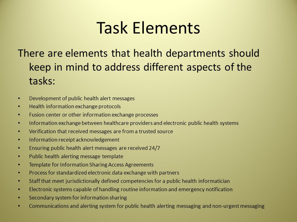 Function 3: Exchange information to determine a common operating picture Tasks: How should health departments share information.