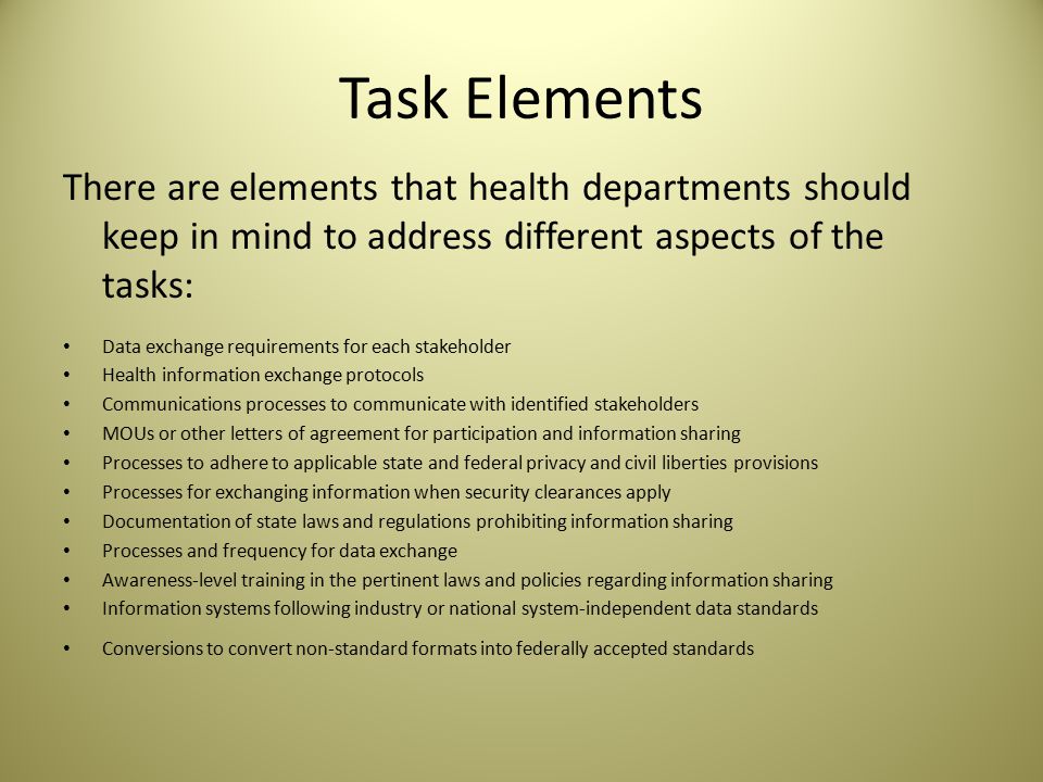 Function 2: Identify and develop rules and data elements for sharing Tasks: What do health departments need to do to develop data elements to share.