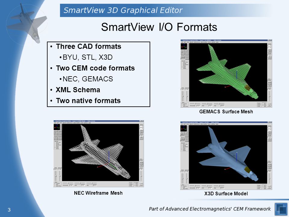 3 SmartView I/O Formats Three CAD formats BYU, STL, X3D Two CEM code formats NEC, GEMACS XML Schema Two native formats GEMACS Surface Mesh NEC Wireframe Mesh X3D Surface Model