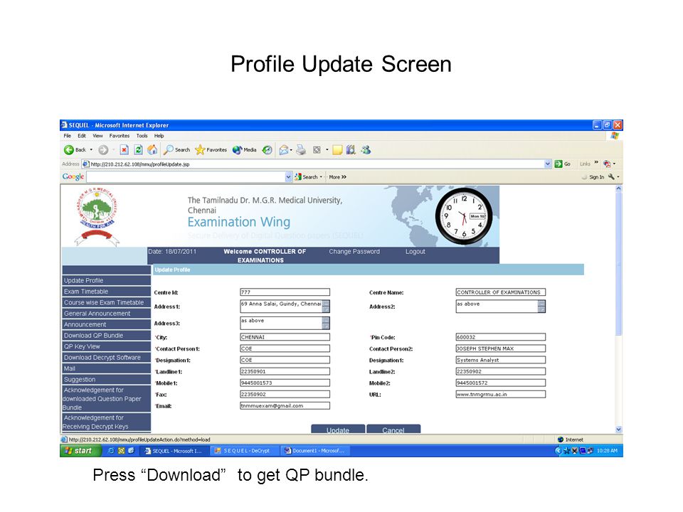 Profile Update Screen Press Download to get QP bundle.