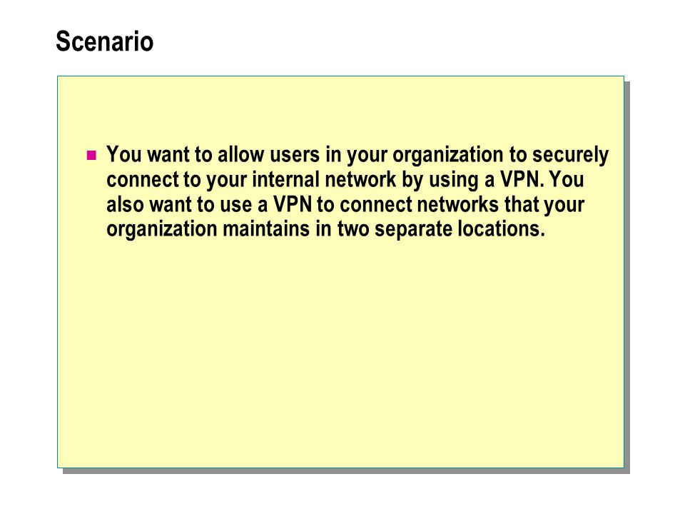 Scenario You want to allow users in your organization to securely connect to your internal network by using a VPN.