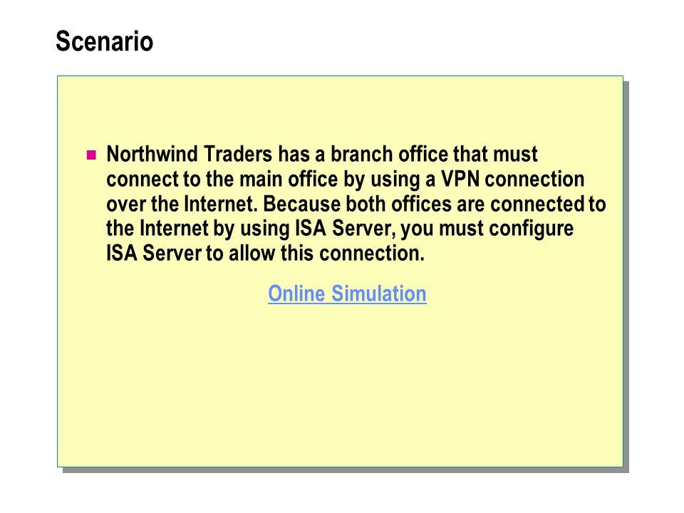Scenario Northwind Traders has a branch office that must connect to the main office by using a VPN connection over the Internet.