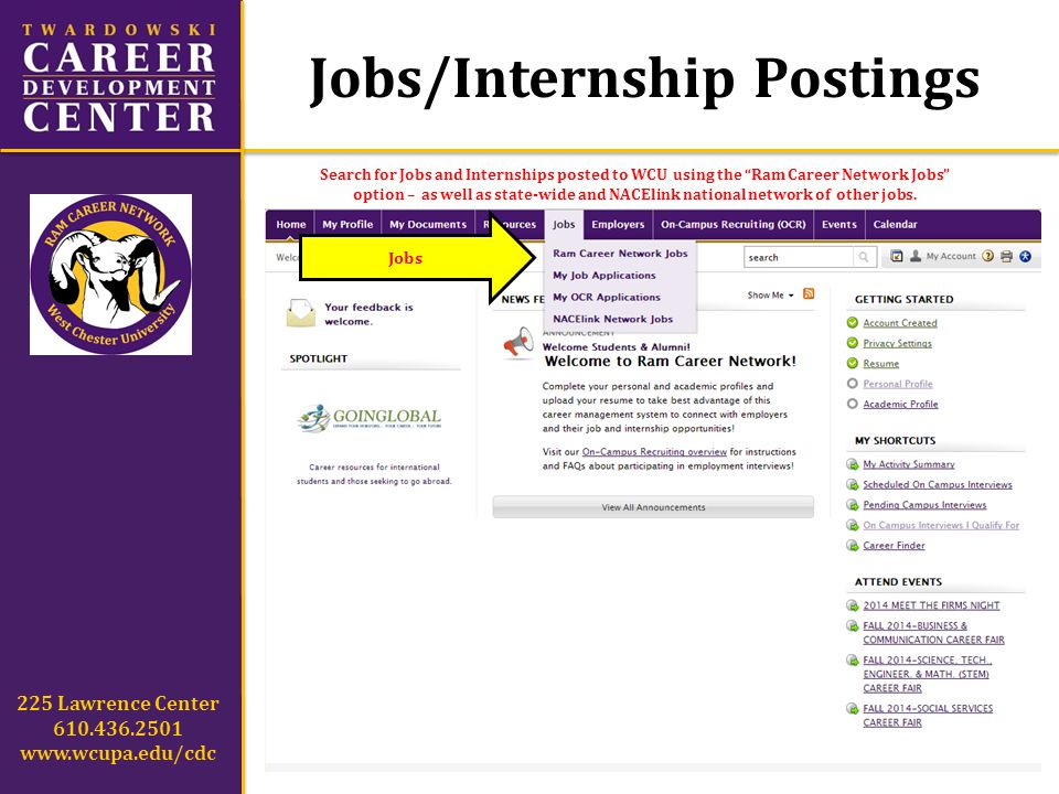 Jobs/Internship Postings 225 Lawrence Center Search for Jobs and Internships posted to WCU using the Ram Career Network Jobs option – as well as state-wide and NACElink national network of other jobs.