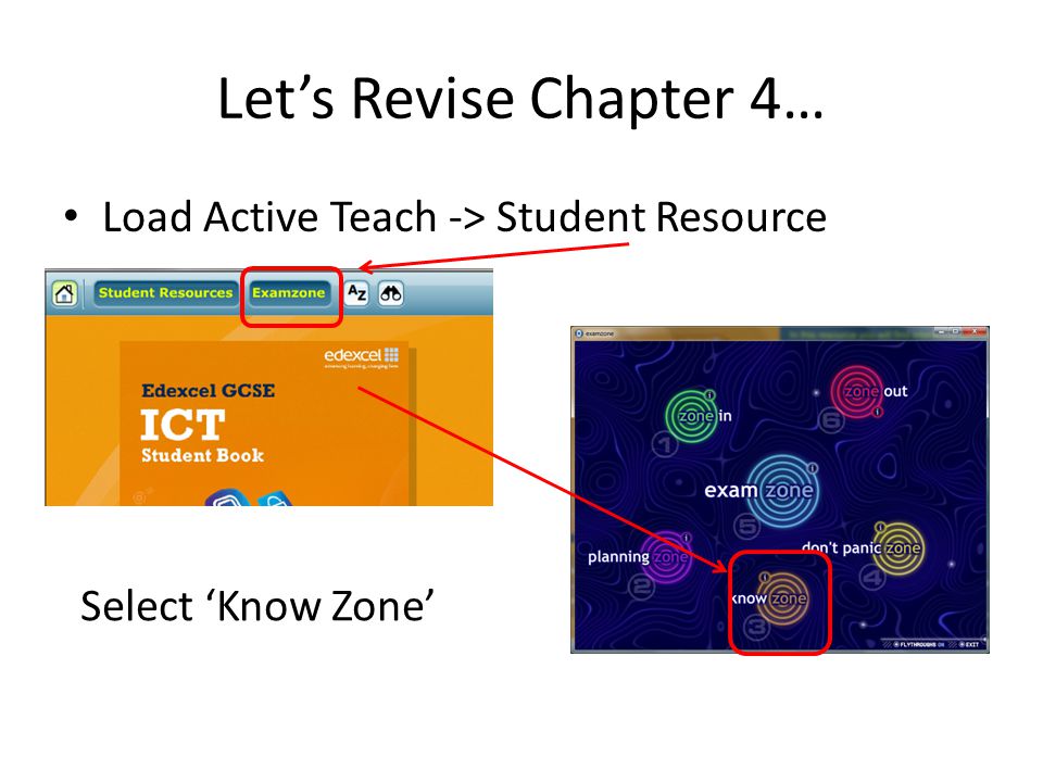 Let’s Revise Chapter 4… Load Active Teach -> Student Resource Select ‘Know Zone’
