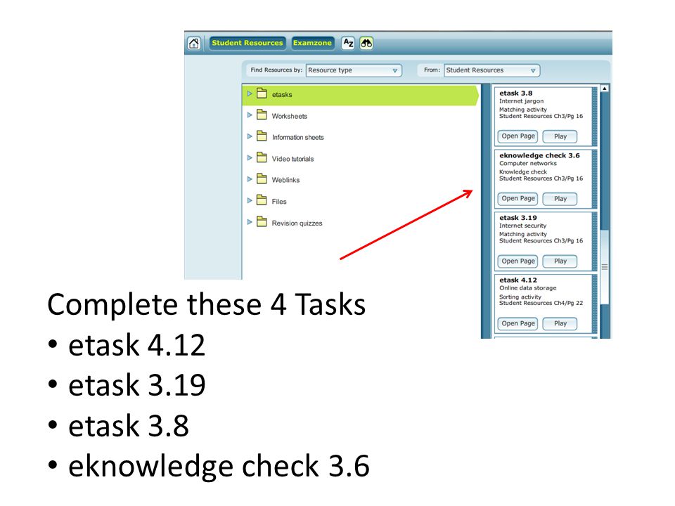 Complete these 4 Tasks etask 4.12 etask 3.19 etask 3.8 eknowledge check 3.6