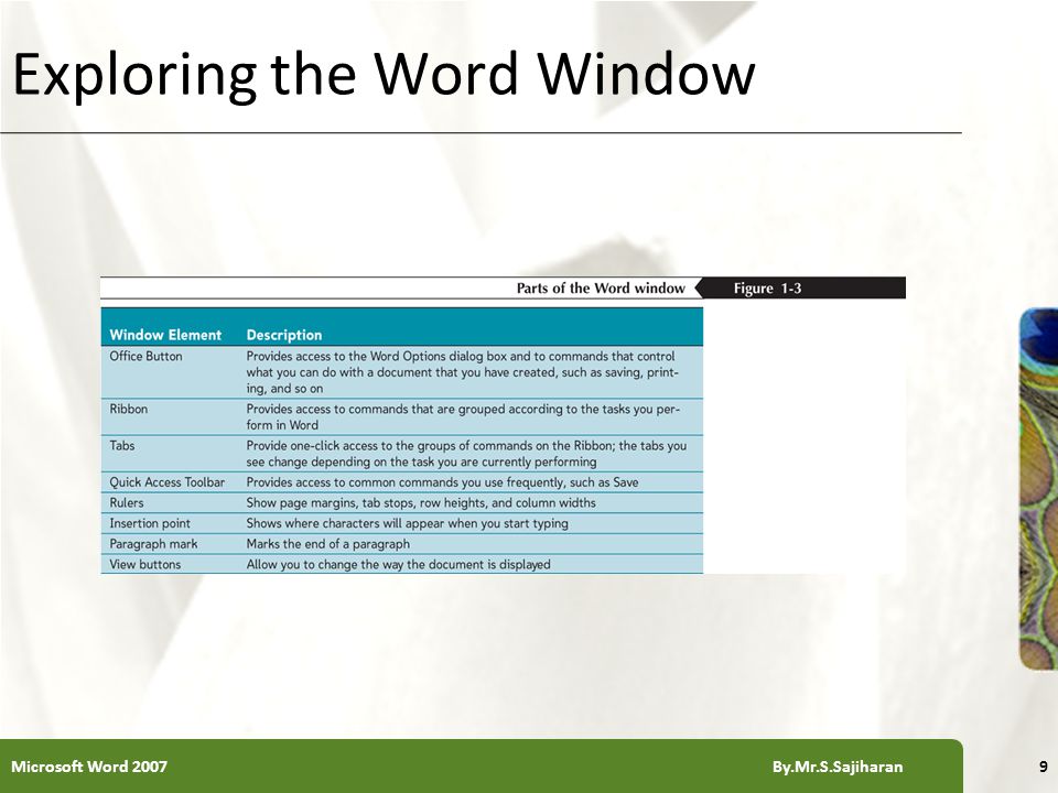 XP Exploring the Word Window 9Microsoft Word 2007 By.Mr.S.Sajiharan