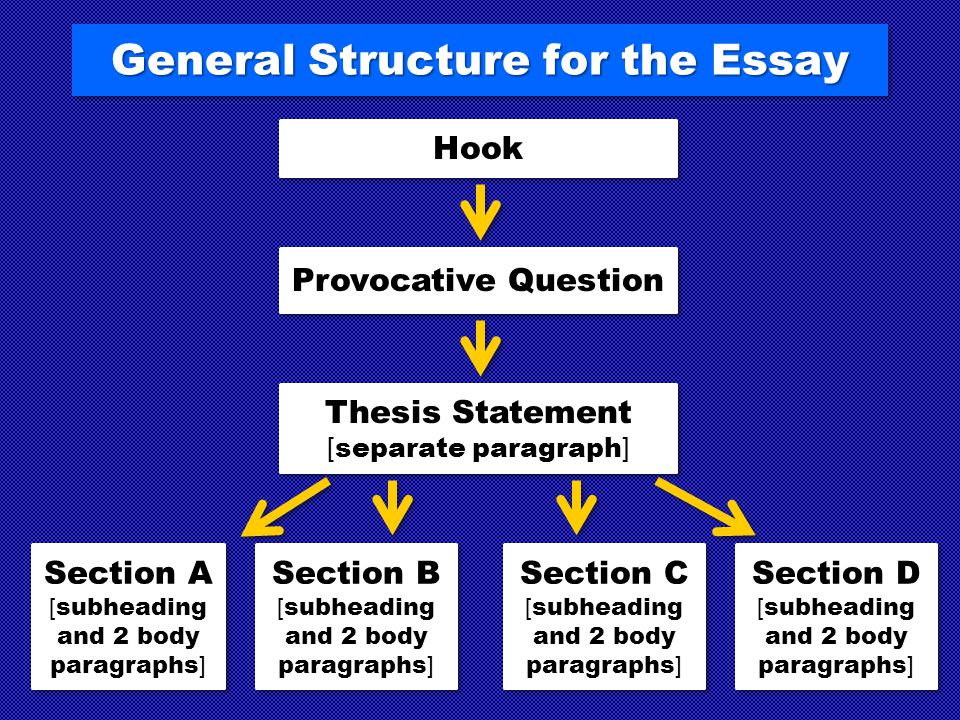 General Structure for the Essay Hook Provocative Question Thesis Statement [ separate paragraph ] Section A [ subheading and 2 body paragraphs ] Section A [ subheading and 2 body paragraphs ] Section B [ subheading and 2 body paragraphs ] Section B [ subheading and 2 body paragraphs ] Section C [ subheading and 2 body paragraphs ] Section C [ subheading and 2 body paragraphs ] Section D [ subheading and 2 body paragraphs ] Section D [ subheading and 2 body paragraphs ]