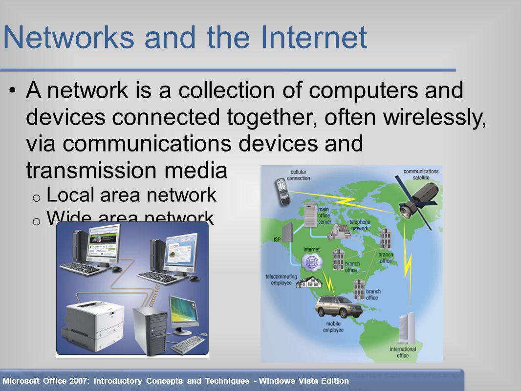 Networks and the Internet A network is a collection of computers and devices connected together, often wirelessly, via communications devices and transmission media o Local area network o Wide area network Microsoft Office 2007: Introductory Concepts and Techniques - Windows Vista Edition