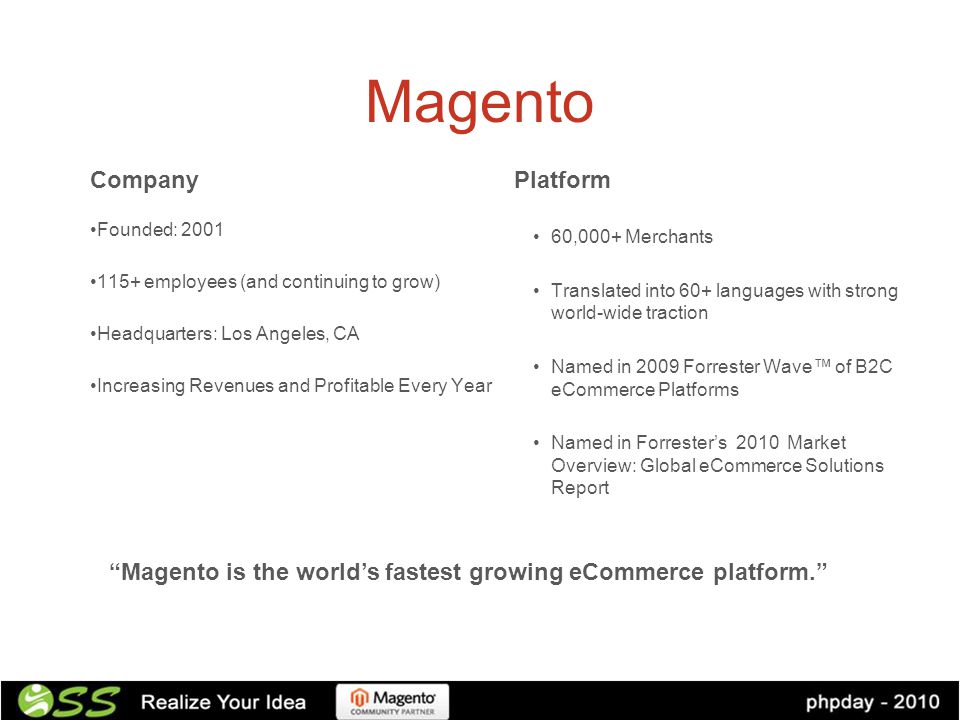 Magento Company Founded: employees (and continuing to grow) Headquarters: Los Angeles, CA Increasing Revenues and Profitable Every Year Platform 60,000+ Merchants Translated into 60+ languages with strong world-wide traction Named in 2009 Forrester Wave™ of B2C eCommerce Platforms Named in Forrester’s 2010 Market Overview: Global eCommerce Solutions Report Magento is the world’s fastest growing eCommerce platform.