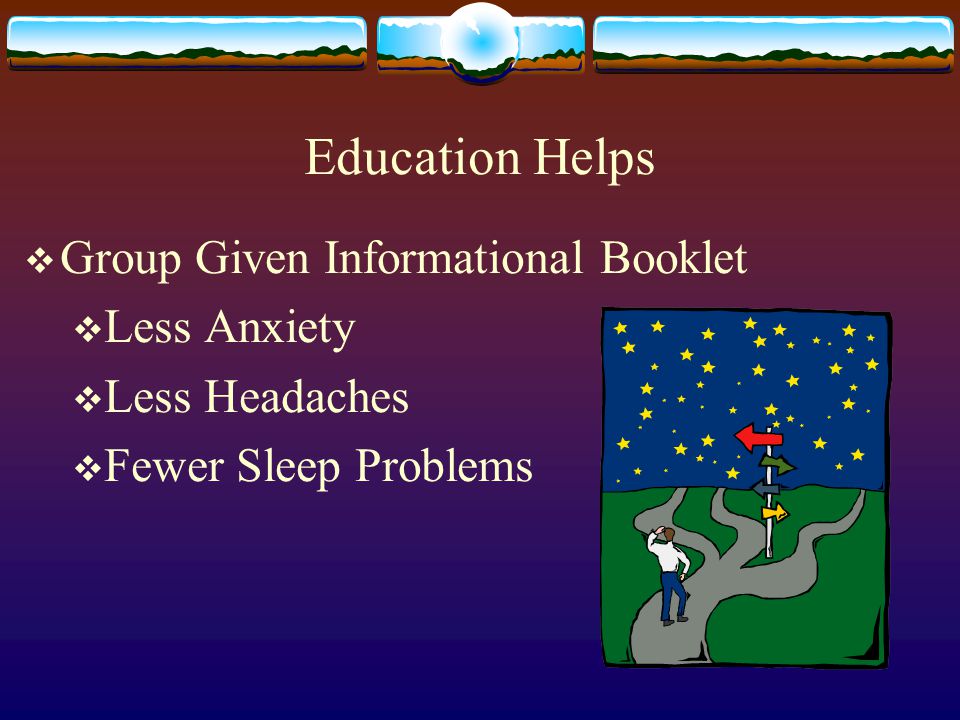 Education Helps  Group Given Informational Booklet  Less Anxiety  Less Headaches  Fewer Sleep Problems