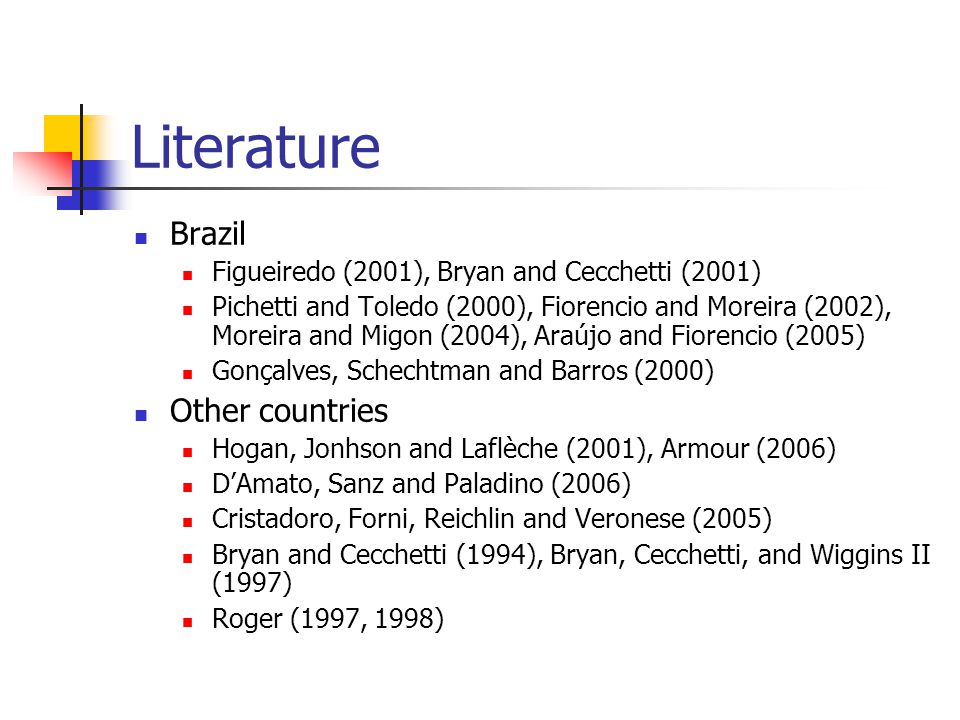 Literature Brazil Figueiredo (2001), Bryan and Cecchetti (2001) Pichetti and Toledo (2000), Fiorencio and Moreira (2002), Moreira and Migon (2004), Araújo and Fiorencio (2005) Gonçalves, Schechtman and Barros (2000) Other countries Hogan, Jonhson and Laflèche (2001), Armour (2006) D’Amato, Sanz and Paladino (2006) Cristadoro, Forni, Reichlin and Veronese (2005) Bryan and Cecchetti (1994), Bryan, Cecchetti, and Wiggins II (1997) Roger (1997, 1998)