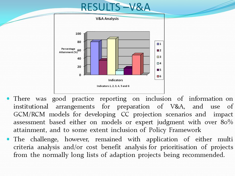 RESULTS –V&A There was good practice reporting on inclusion of information on institutional arrangements for preparation of V&A, and use of GCM/RCM models for developing CC projection scenarios and impact assessment based either on models or expert judgment with over 80% attainment, and to some extent inclusion of Policy Framework The challenge, however, remained with application of either multi criteria analysis and/or cost benefit analysis for prioritisation of projects from the normally long lists of adaption projects being recommended.
