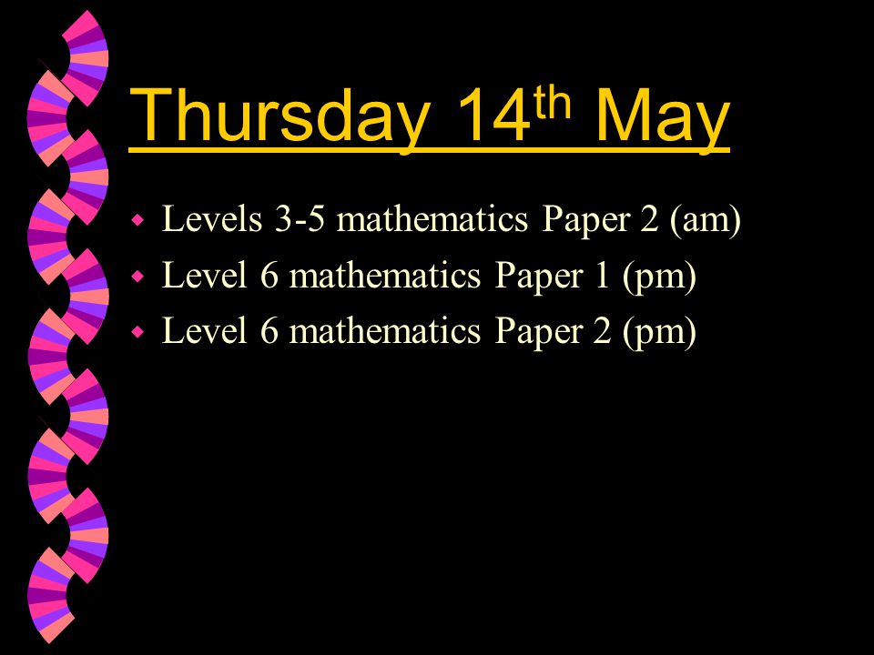 Thursday 14 th May w Levels 3-5 mathematics Paper 2 (am) w Level 6 mathematics Paper 1 (pm) w Level 6 mathematics Paper 2 (pm)