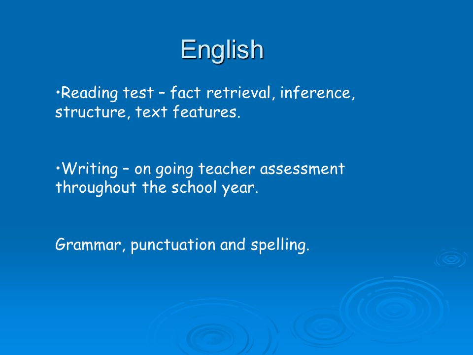 English Reading test – fact retrieval, inference, structure, text features.