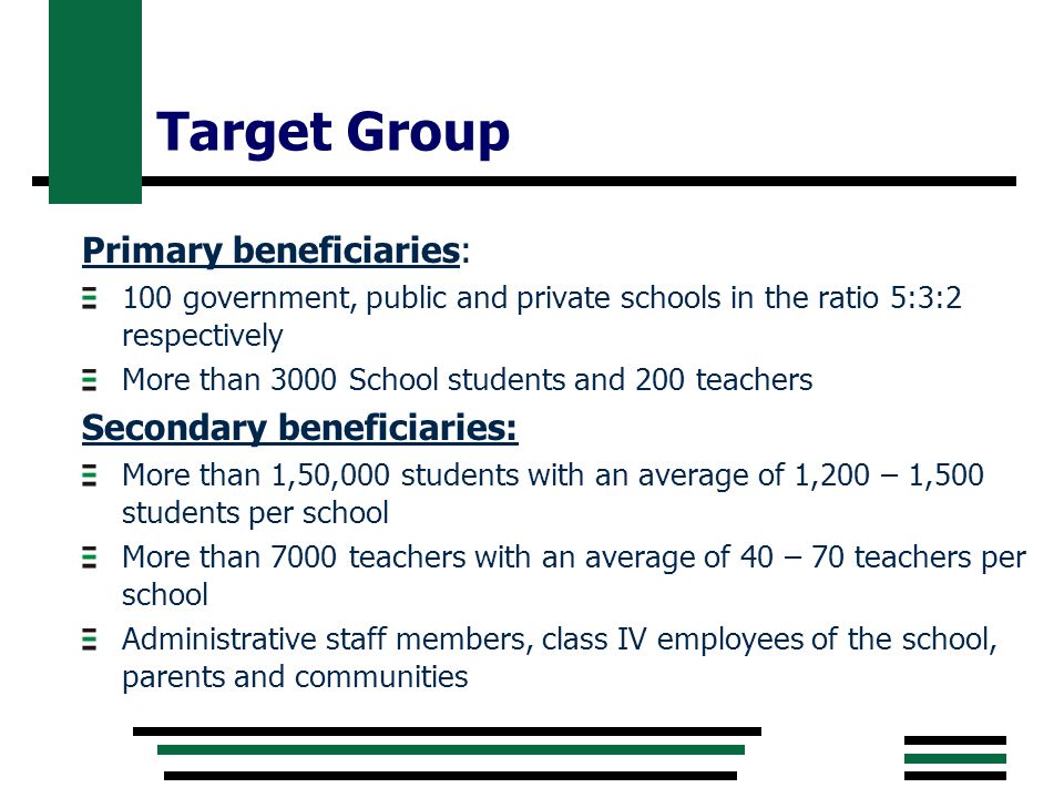 Target Group Primary beneficiaries: 100 government, public and private schools in the ratio 5:3:2 respectively More than 3000 School students and 200 teachers Secondary beneficiaries: More than 1,50,000 students with an average of 1,200 – 1,500 students per school More than 7000 teachers with an average of 40 – 70 teachers per school Administrative staff members, class IV employees of the school, parents and communities
