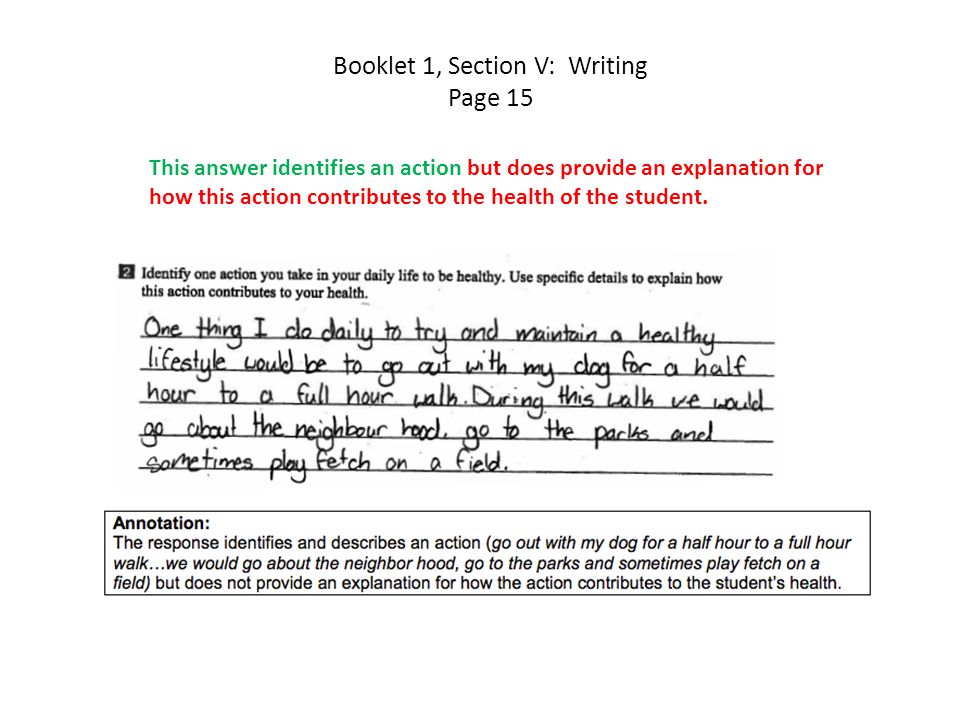 Booklet 1, Section V: Writing Page 15 This answer identifies an action but does provide an explanation for how this action contributes to the health of the student.