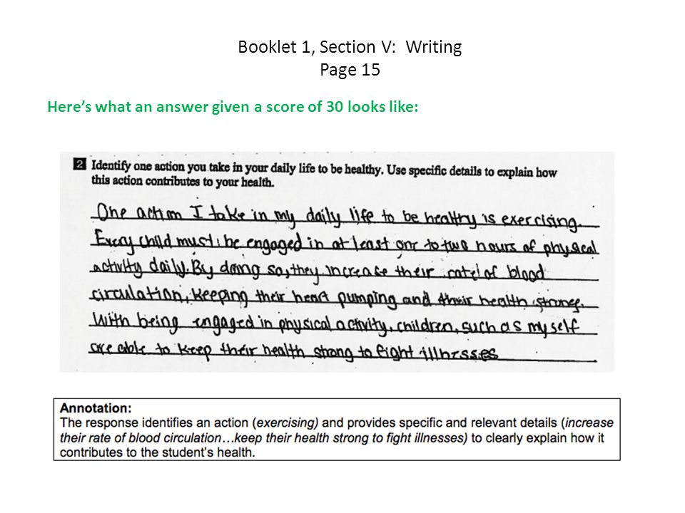 Booklet 1, Section V: Writing Page 15 Here’s what an answer given a score of 30 looks like: