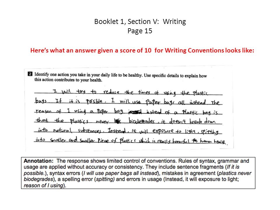 Booklet 1, Section V: Writing Page 15 Here’s what an answer given a score of 10 for Writing Conventions looks like: