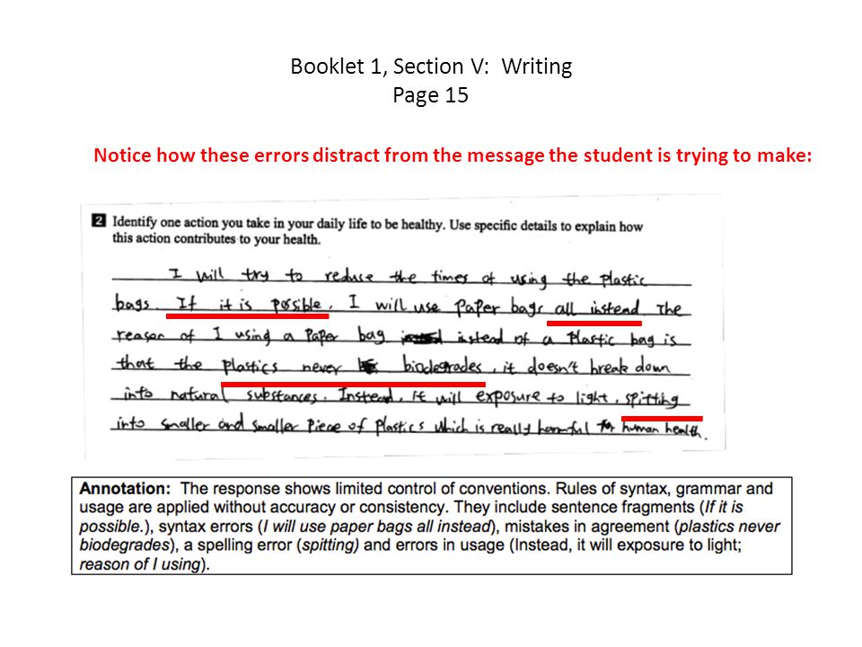 Booklet 1, Section V: Writing Page 15 Notice how these errors distract from the message the student is trying to make: